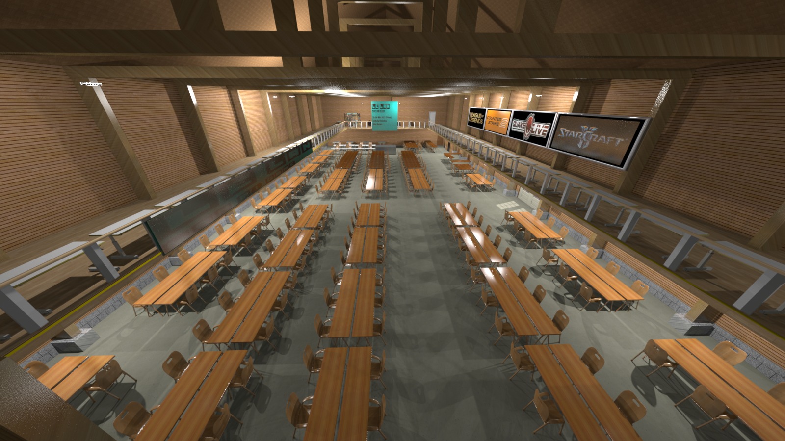 Rendering of the big-format Le-LAN venue with rows of tables and tournament screens