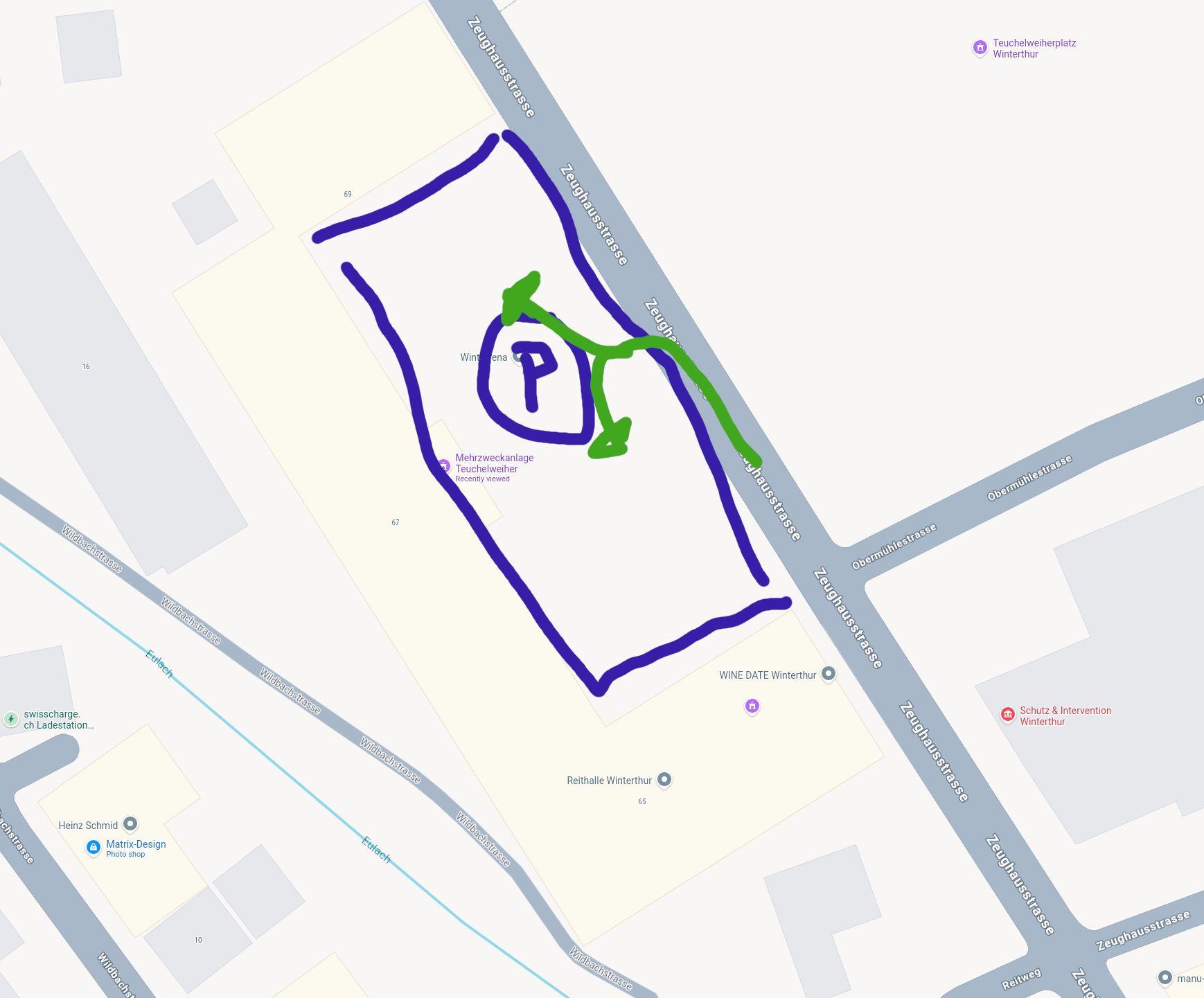 Parking layout for the big-format venue with entry and exit routes